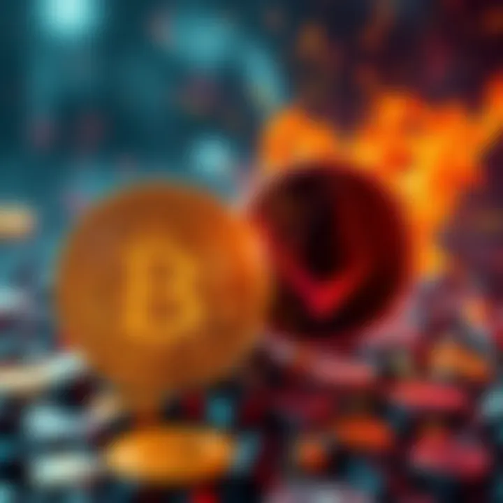 A visual representation of the conflict between Bitcoin and Monero communities, showing Bitcoin symbols clashing with Monero symbols, indicating tension and differing ideologies.