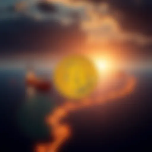 A digital representation of Bitcoin symbol overlaid on a map of the Strait of Hormuz, with ships in the background symbolizing energy trade routes