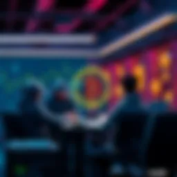 A group of bitcoin miners discussing updates and changes in a tech-focused setting.