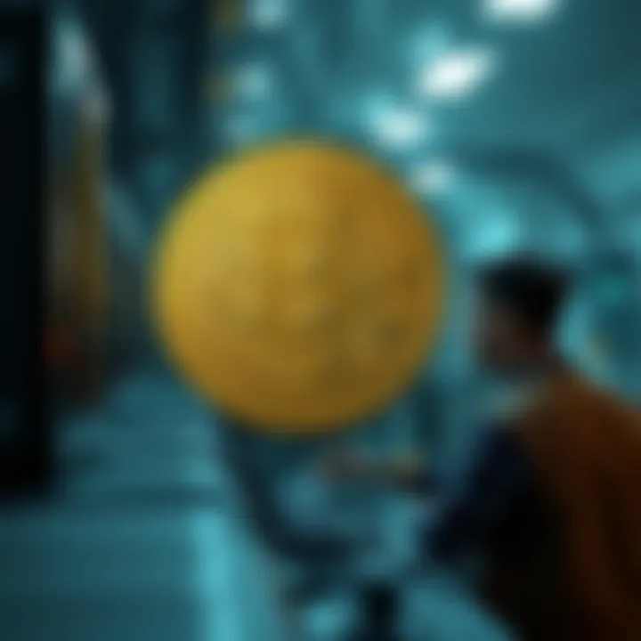 Bitcoin Payout Threshold A visual representation of a Bitcoin symbol with a minimum payout threshold of .01 BTC highlighted, showing a worried miner looking at their mining equipment in the background.