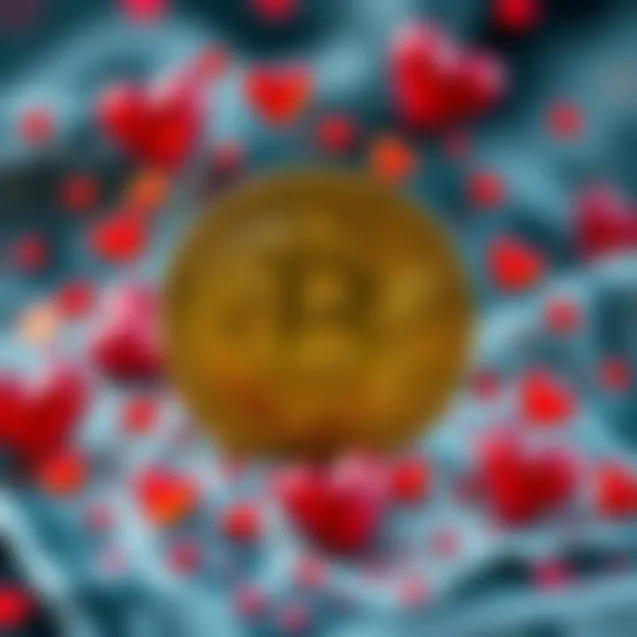 A Bitcoin symbol surrounded by hearts and symbols of unity, representing peace in the financial world.