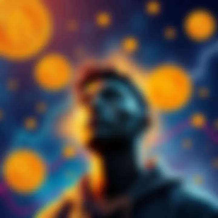 A person contemplating their identity with Bitcoin symbols in the background, showing a mix of investment and lifestyle elements.