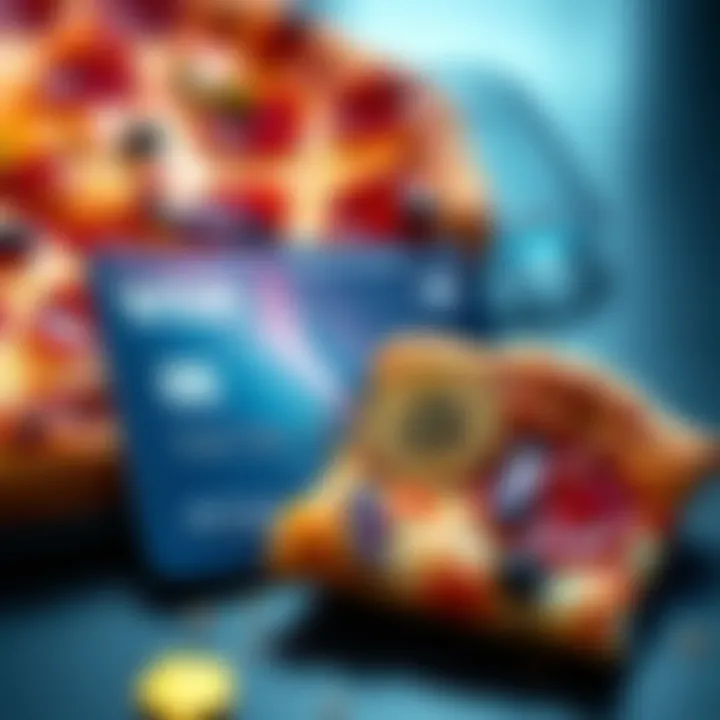 A shiny Visa Signature credit card alongside a slice of pizza, symbolizing rewards in Bitcoin on Bitcoin Pizza Day.