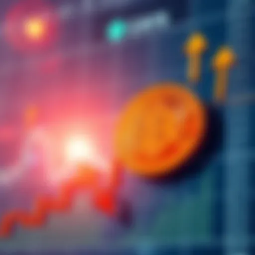 A graph displaying Bitcoin's price movement with arrows indicating upward and downward trends, symbolizing the market debate on its future.