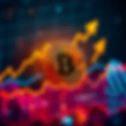 A Bitcoin price chart showing an upward trend with arrows indicating growth