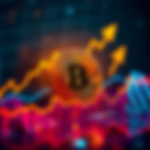 A Bitcoin price chart showing an upward trend with arrows indicating growth