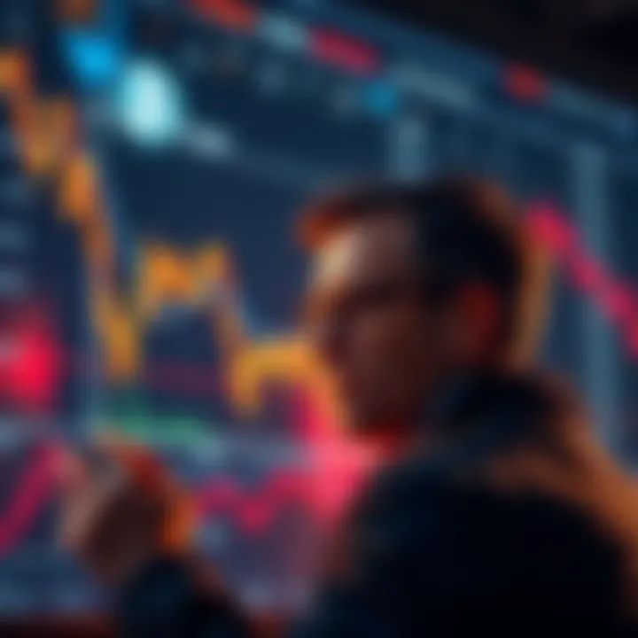 Chart showing declining Bitcoin prices with downward trend arrows and a worried investor looking at the screen