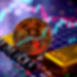 Graph showing Bitcoin's price drop alongside symbols of economic uncertainty such as a dollar sign and a gold bar