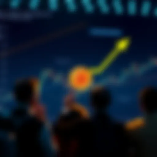 A graph showing Bitcoin's price dipping, with an arrow indicating a potential drop to 30-50k range. Investors looking at the graph thoughtfully.