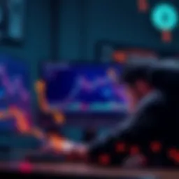 A visual representation of Bitcoin facing a downturn, with downward arrows and a worried trader looking at charts on a computer screen.