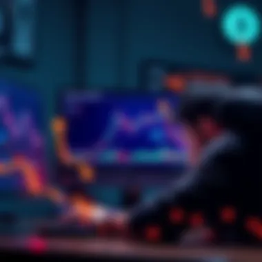 A visual representation of Bitcoin facing a downturn, with downward arrows and a worried trader looking at charts on a computer screen.
