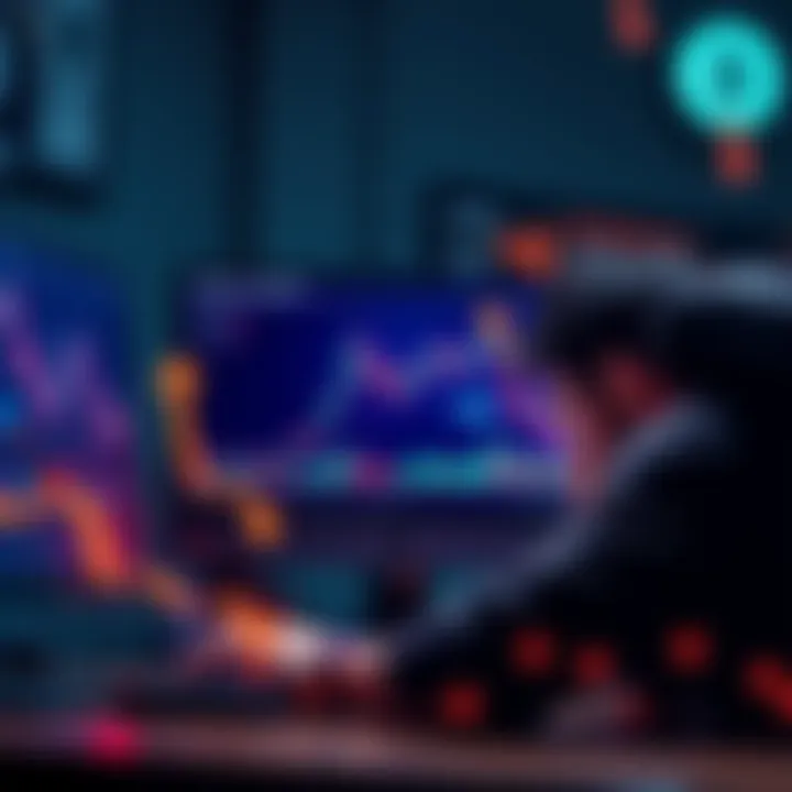 A visual representation of Bitcoin facing a downturn, with downward arrows and a worried trader looking at charts on a computer screen.