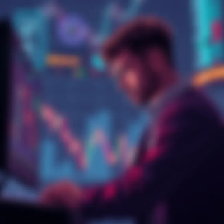 A visual representation of Bitcoin's price dropping from $74K to $68K, with a graph showing the decline and a worried trader looking at the screen.