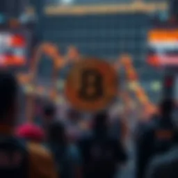 A visual representation of Bitcoin's price falling, with people selling their assets in the background