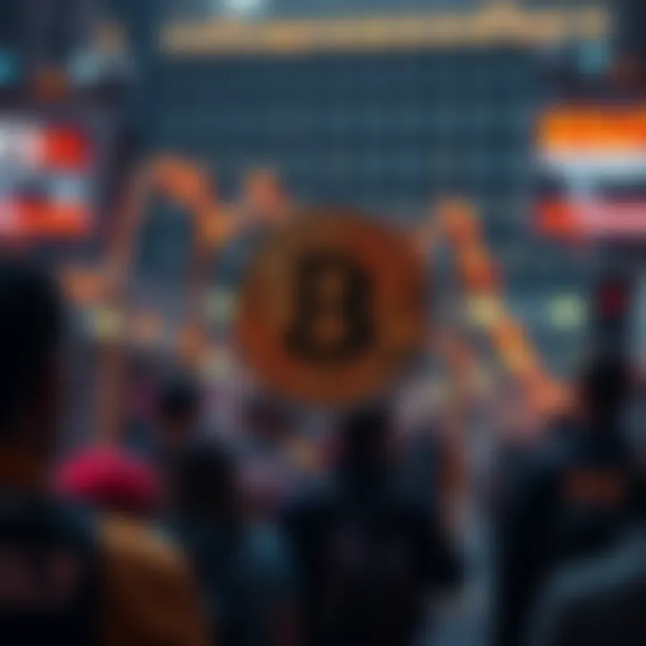 A visual representation of Bitcoin's price falling, with people selling their assets in the background