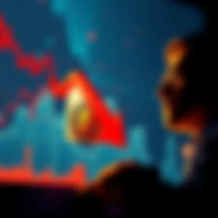 A graph showing a significant drop in Bitcoin prices with a red downward arrow, symbolizing the fire sale threshold being crossed. Investors appear thoughtful, considering the market situation.