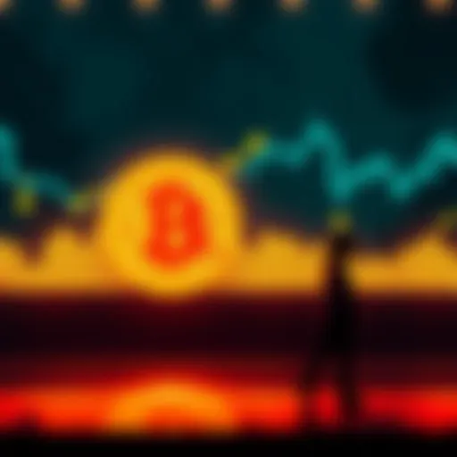 A graphic showing the decline of Bitcoin's price to 98K, with downward arrows and a worried investor looking at a digital chart.