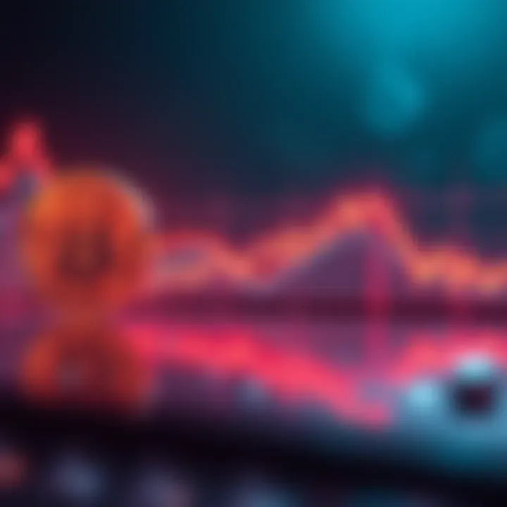 A graph showing Bitcoin's sharp decline with a downward trend line and red indicators, representing market instability.