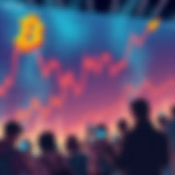 A chart showing Bitcoin's price rising and falling dramatically, with people looking concerned and some holding their phones, watching the market.