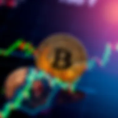 A close-up of Bitcoin coins with a background of a fluctuating price graph.