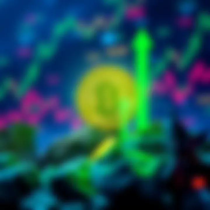A graphic showing an upward trend in Bitcoin prices with a digital coin symbol and green arrows indicating growth