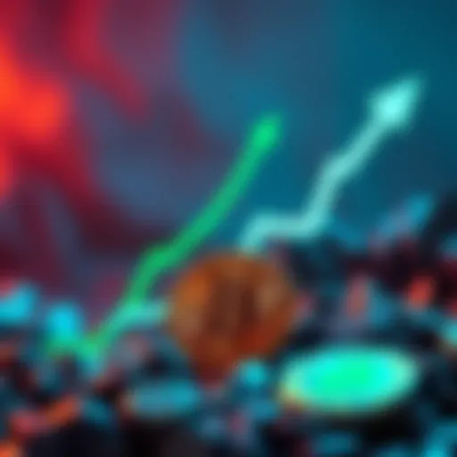 A graphic showing a steep upward trend in Bitcoin price with green arrows and a Bitcoin symbol