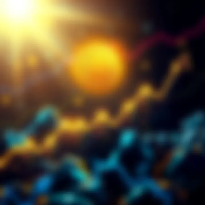 A visual representation of Bitcoin's price rising dramatically with upward arrows and dollar signs in the background.