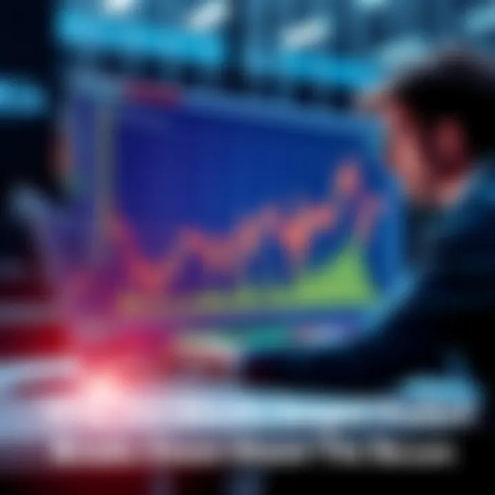 A graph showing Bitcoin's price rising sharply with a trader analyzing the trends on a laptop