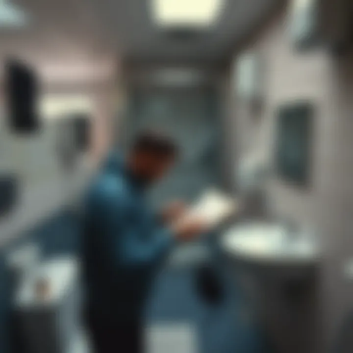 Mining operators tracking Bitcoin prices on paper in a bathroom setting