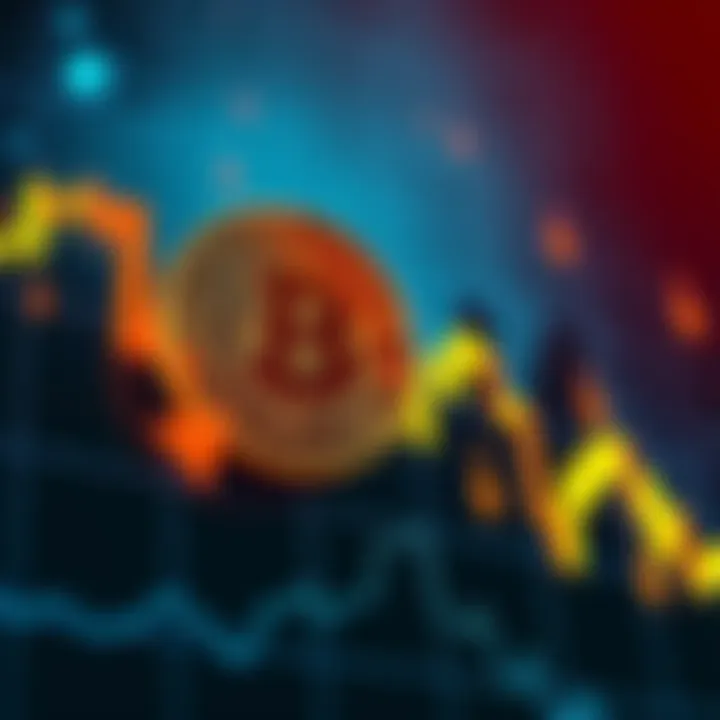 Bitcoin Price Trend A graph showing Bitcoin's price dipping towards $50k and $60k with arrows indicating a downward trend.