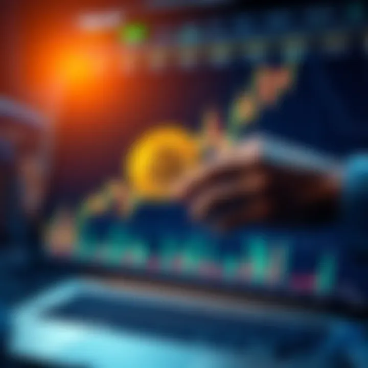 A person placing a Bitcoin order on an online trading platform while a graph shows rising profits in the background.