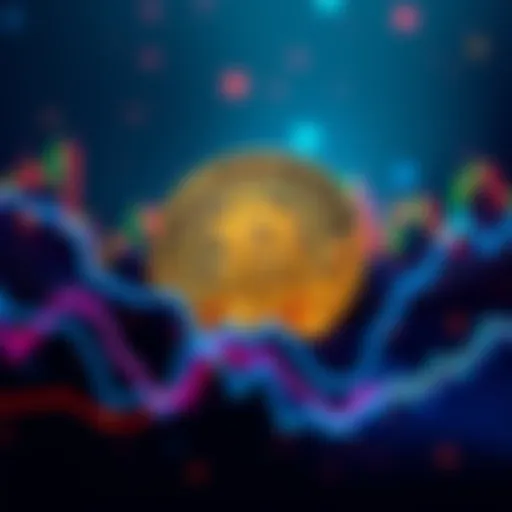 A Bitcoin symbol surrounded by fluctuating market graphs depicting volatility