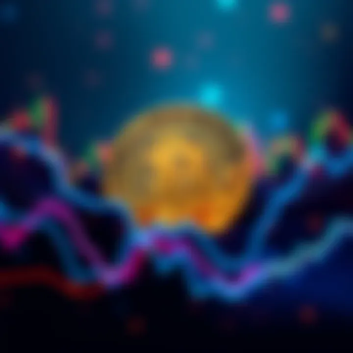 A Bitcoin symbol surrounded by fluctuating market graphs depicting volatility