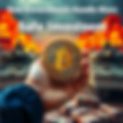 A person holding a Bitcoin symbol with a background of war-related imagery like tanks and currency bills