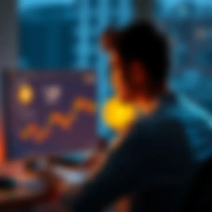 Individual looking at a computer screen with Bitcoin information, contemplating selling Bitcoin to move into a new apartment.