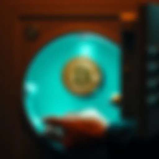 A person placing a Bitcoin into a personal safe, symbolizing self-custody and control over assets