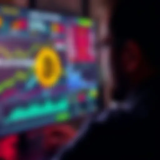 A person analyzing Bitcoin investment strategies with charts and graphs on a screen, highlighting Dollar Cost Averaging and cash rounding features.