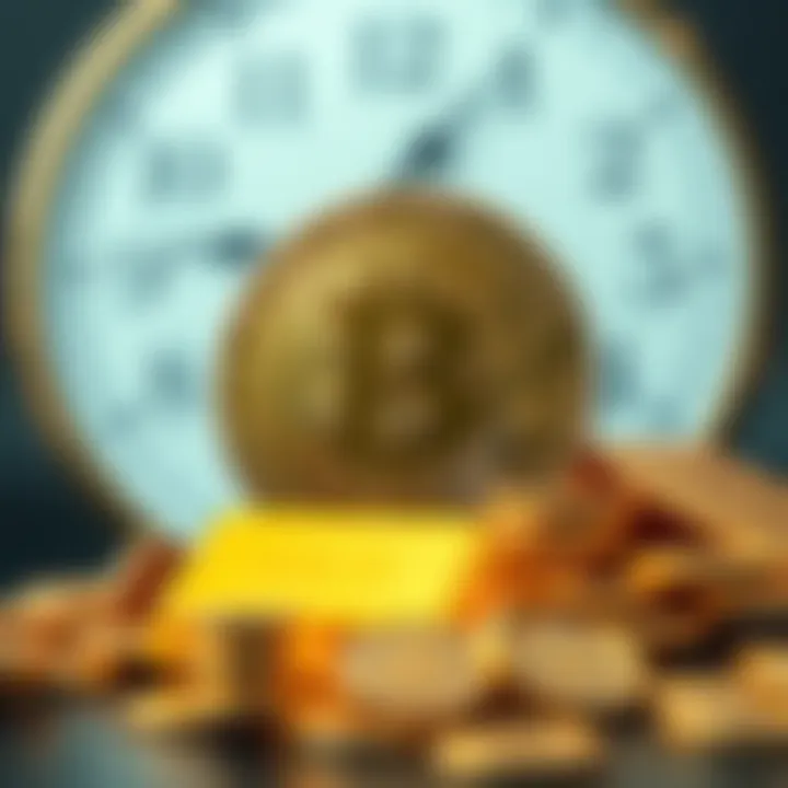 A visual representation of Bitcoin with gold bars, symbolizing its value storage, while showing a clock and transaction fees in the background, indicating its limitations as a currency.