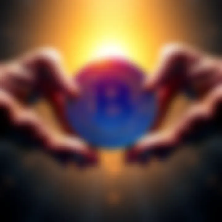 A graphic of the Bitcoin symbol being held tightly by a pair of strong hands, symbolizing conviction and commitment to HODLing during market ups and downs.