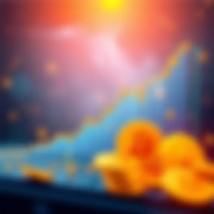 A graph showing Bitcoin's rise to $100k with upward trend lines and digital currency symbols