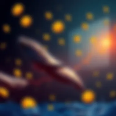 Bitcoin Surging A graph showing Bitcoin's price rising sharply with dollar signs and whales swimming in the background.