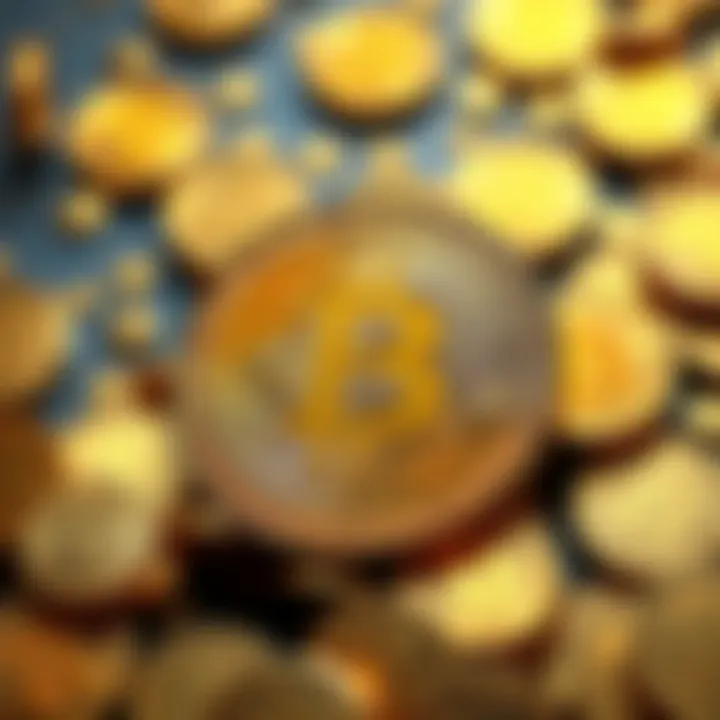 A Bitcoin symbol surrounded by gold coins representing its value and investment potential