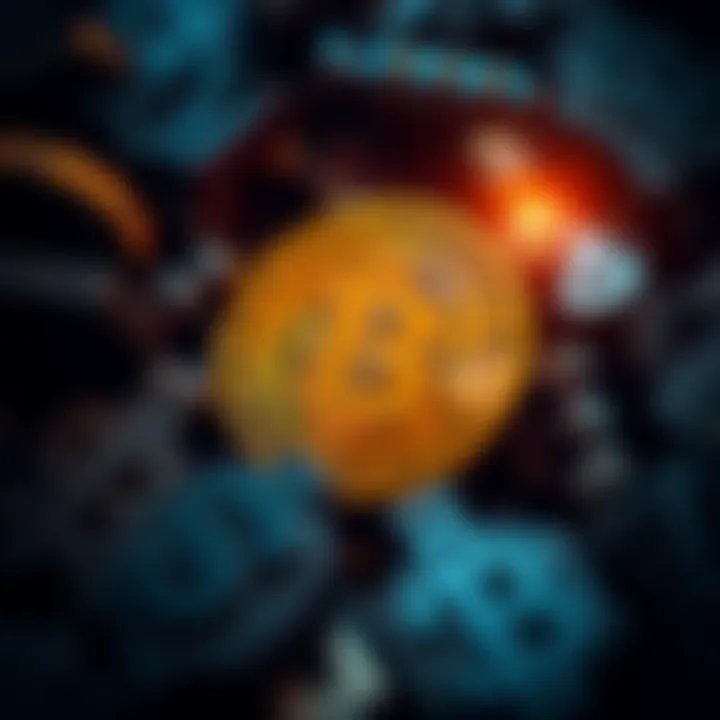 A Bitcoin symbol surrounded by dollar signs representing the debate on its investment value, showing a mix of enthusiasm and skepticism among people.