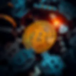Bitcoin Symbol with Dollar Signs A Bitcoin symbol surrounded by dollar signs representing the debate on its investment value, showing a mix of enthusiasm and skepticism among people.