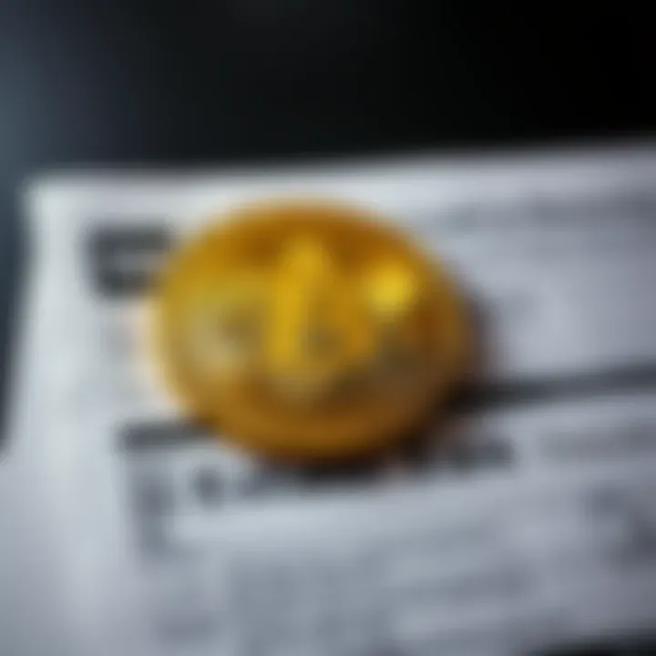A Bitcoin symbol in gold color overlaying a paper tax form with the words 'Estate Tax' visible.