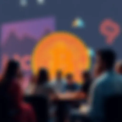 A diverse group of people discussing Bitcoin's social impact in a community setting, with a Bitcoin logo in the background.