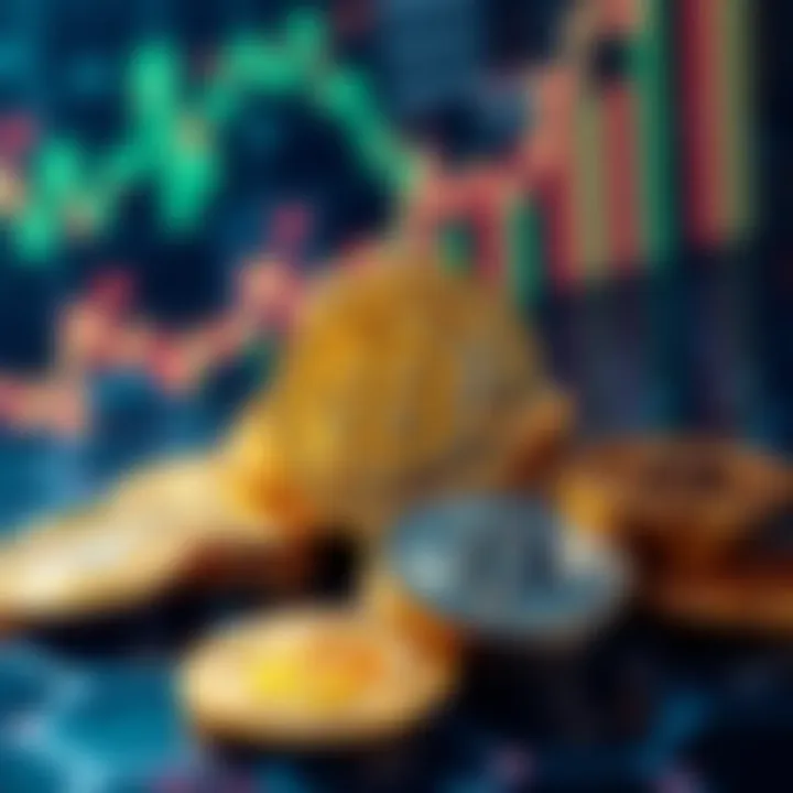 A visual representation of Bitcoin transaction fees with coins and digital graphics showing high fees and a blockchain link.