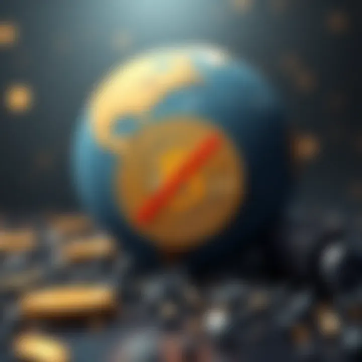 A graphic showing two Bitcoin coins with a restriction sign, representing limits on transactions, along with a globe in the background symbolizing global usage.