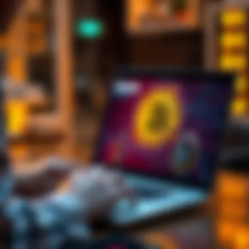 A person using a laptop to transfer Bitcoin to a secure digital wallet, showing the Bitcoin logo on the screen and a padlock icon for security.