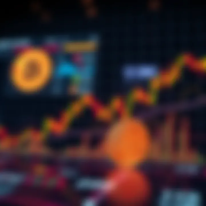 A graph showing Bitcoin price fluctuations with market indicators and trends in the background.